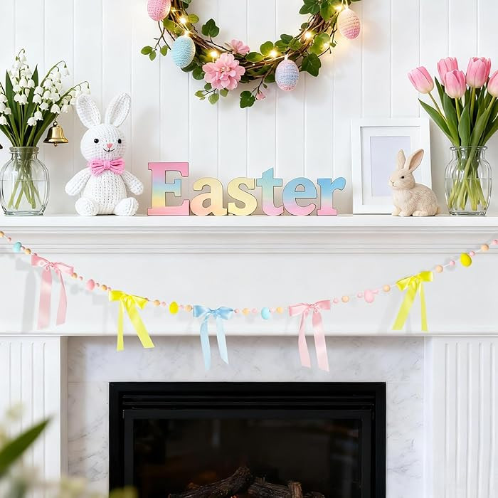 Easter Decorations Bows Garland, 6ft Satin Bows Wooden Beads Spring Hanging Banner with Decorativ... | Amazon (US)