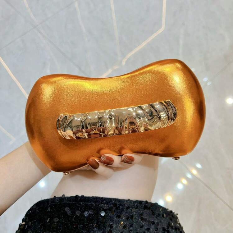 Metallic Orange Evening Purse, Structured Clutch Bag With Unique Curved Shape & Gold Bar Accent, ... | SHEIN