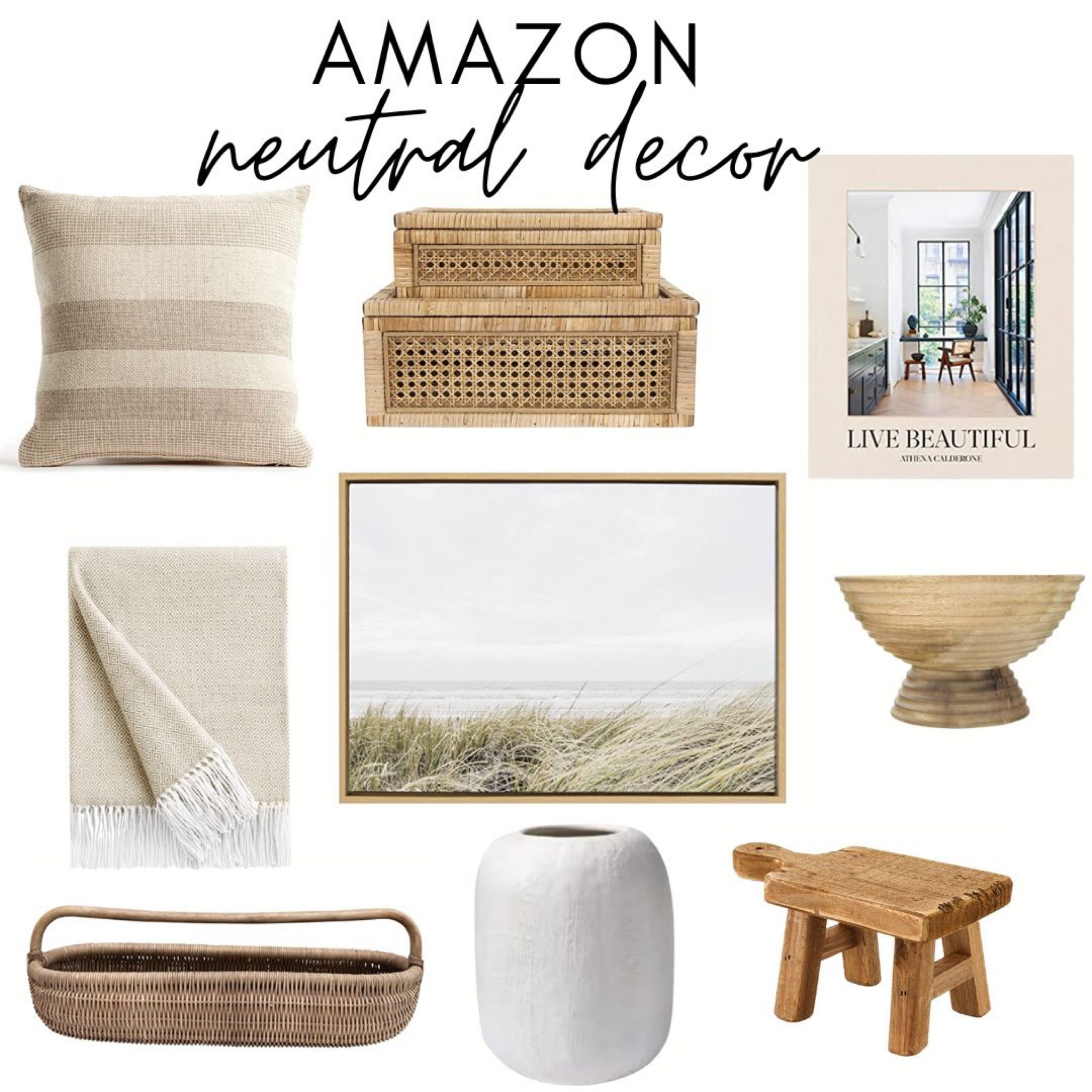 Amazon Neutral Decor 
Art 
Beige throw 
Wood bowl
White vase 
Wood stool 
Rattan boxes 
Beige pillow 

#LTKFind #LTKhome