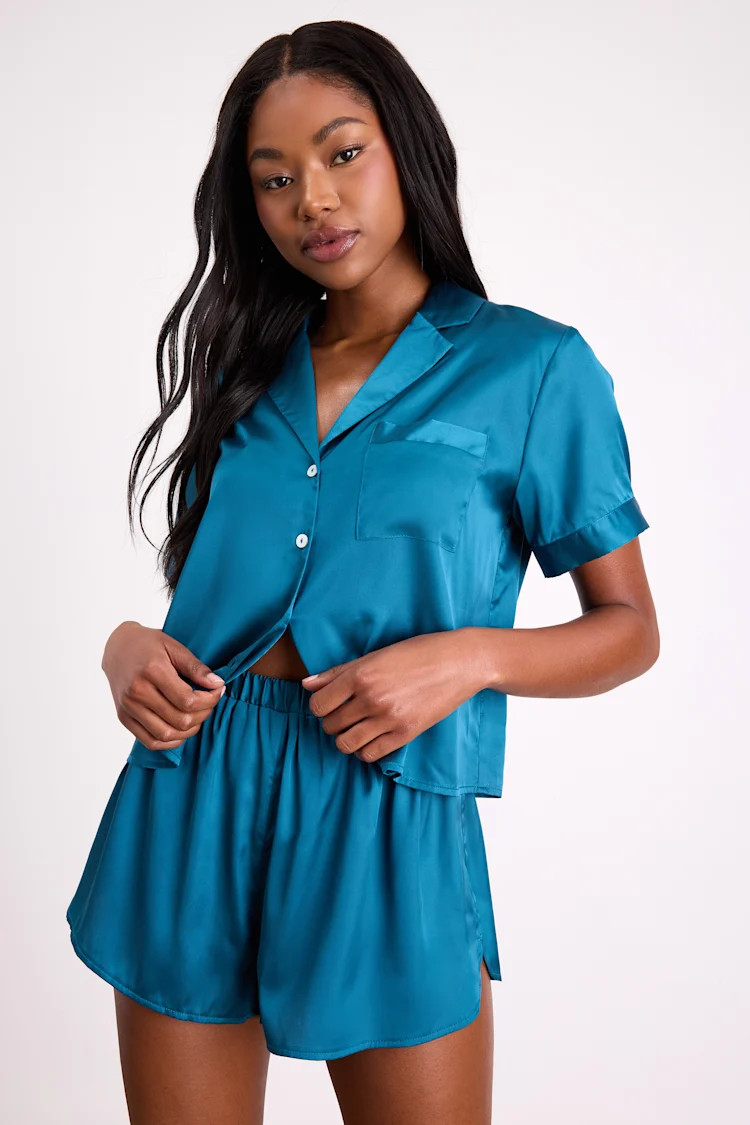 Pleasant Dreams Teal Satin Two-Piece Pajama Set | Lulus
