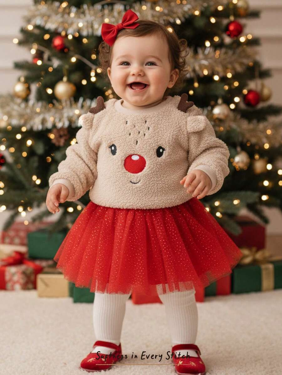 Cozy Pixies 2pcs Baby Girl Christmas Reindeer Pattern Fleece Crew Neck Long Sleeve Sweatshirt And... | SHEIN