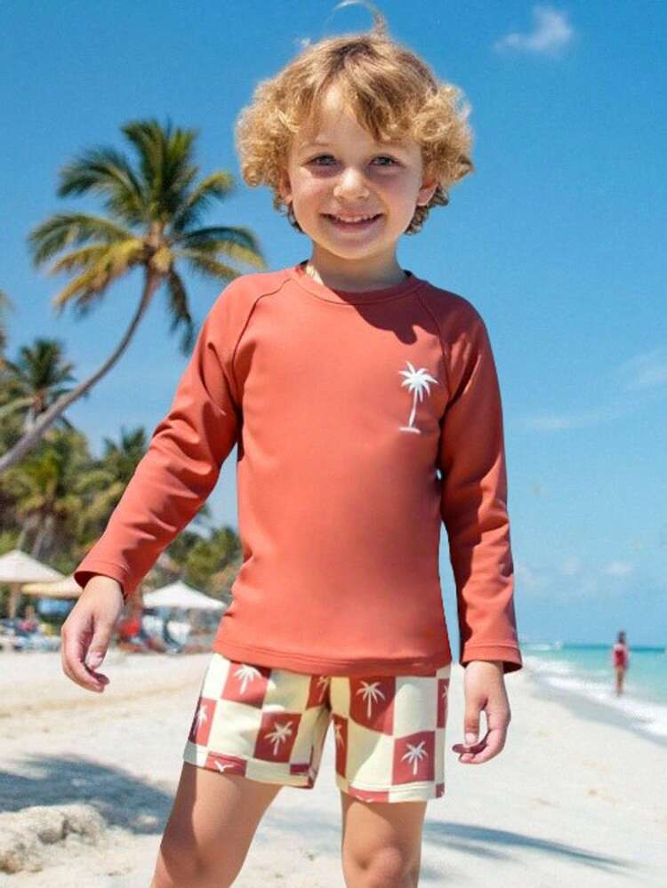 2 Piezas Conjunto De Traje De Baño Para Niños, Pantalones De Baño Separados Con Estampado De Árbol De Coco, Conjunto De Natación Para Vacaciones En La Playa | SHEIN