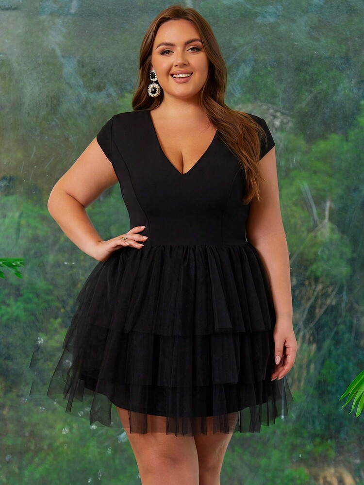 Plus Size Solid Color V-Neck Mesh Contrast Elegant Women Evening Party Dress Cocktail Semi Formal Wedding Guest Dress, For Birthday, Graduation, Dinner, Homecoming | SHEIN