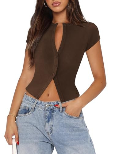 Pungdra Women's Button Down Shirt Cap Sleeve Tops for Women Button Up Ribbed Knit Slim Fit Casual Y2K Crop Going Out Top Brown Small | Amazon (US)