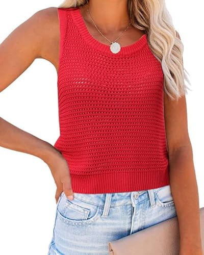 FISACE Womens Summer Knit Sweater Tank Tops Round Neck Crochet Hollow Out Sleeveless Casual Crop Shirt Red | Amazon (US)