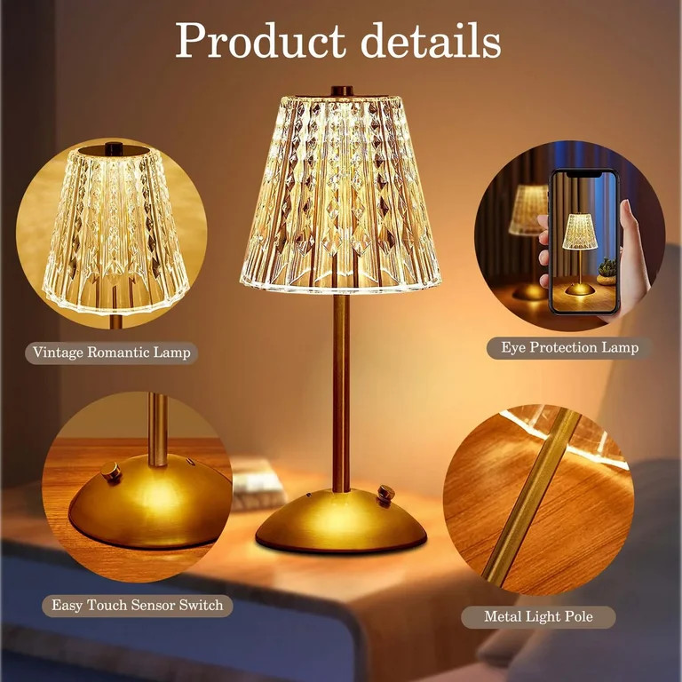 Cordless Table Lamp,Battery Operated Lamp,3 Color Modes Dimmable LED Touch Lamp,Portable Crystal ... | Walmart (US)