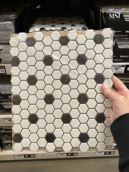 Classic hexagon porcelain matte  mosaic tile in a black and white pattern. ✨ It’s perfect for the floor of a bathroom or foyer, and on the walls in your kitchen and wet bar area. ✨ If you’re a mosaic artist, hex tiles are fun to use in your artwork too. Keep them whole or break them down. Your choice! ✨ For mosaic tips, tutorials, inspiration, and so much more please visit my YouTube channel: YouTube.com/julieweilbacher. Follow @julieweilbacher on Instagram for all things mosaic art. hexagon tile - mosaic tile - black and white tile - mosaics - hex tile - porcelain tile - indoor tile - kitchen tile - bathroom tile - wet bar tile - home design

#LTKfindsunder50 #LTKhome