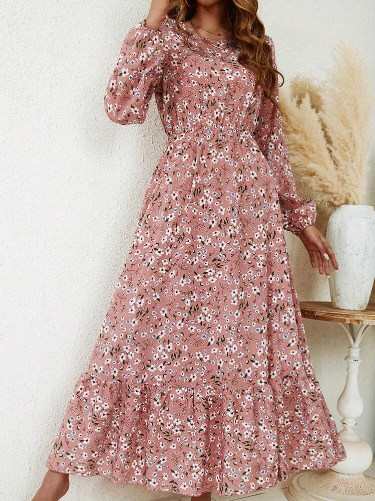 SHEIN LUNE Round Neck Floral Print Ruffle Hem Long Sleeve Dress Maxi Women Outfit | SHEIN