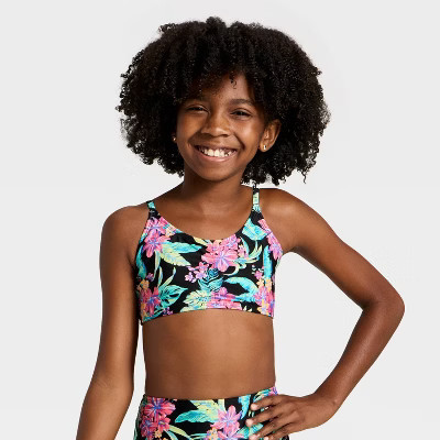 Girls' Tropical Floral Trilette Shirred Swimsuit Top - art class™ Black/Pink/Aqua  XL | Target