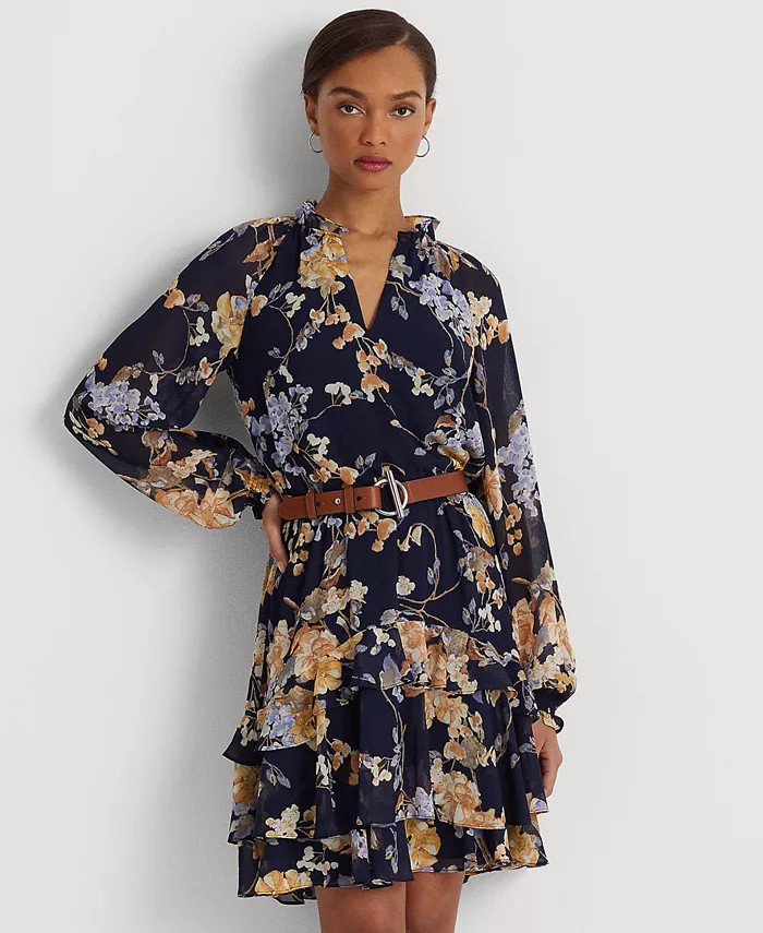 Lauren Ralph Lauren Women's Floral Belted Crinkle Georgette Dress, Regular & Petite & Reviews - D... | Macys (US)