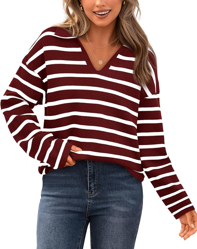Zenlonr Women's Casual Striped Sweater 2024 Fall Winter Long Sleeve V Neck Knit Pullover Jumper T... | Amazon (US)