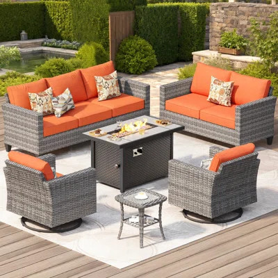 7- Person Patio Furniture Set With Swivel Rocker, Outdoor Wicker Rattan Seating Group With Cushions, All Weather Sofa Conversation Set With Fire Pit T | Wayfair North America