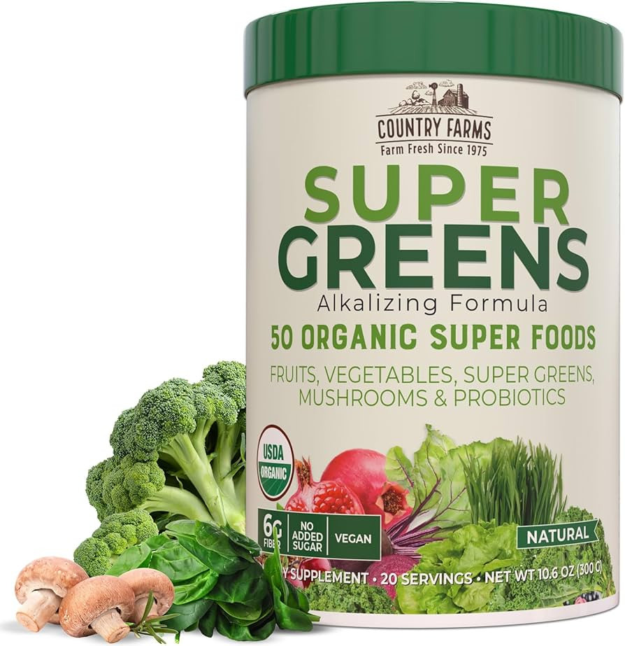 COUNTRY FARMS Organic Super Greens Natural Flavor, 50 Organic Super Foods, Packed with Fiber, USD... | Amazon (US)