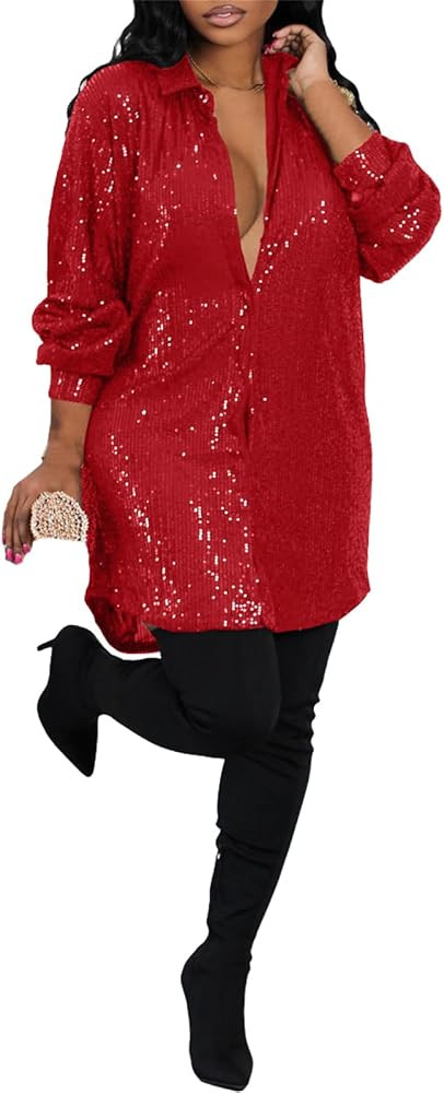 Joe Wenko Women's Shirt Dresses Sequin Glitter Long Sleeve Mini Dress | Amazon (US)