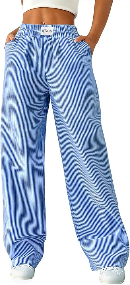 LOMON Women's Striped Gingham Boxer Pants Cotton Pajama Lounge Pj Casual Plaid Trousers Y2K Beach... | Amazon (US)