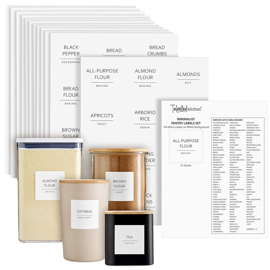 Talented Kitchen Pantry Labels for Containers - 144 Matte Vinyl Stickers, 2.5 x 2.5 in, Black on ... | Amazon (US)