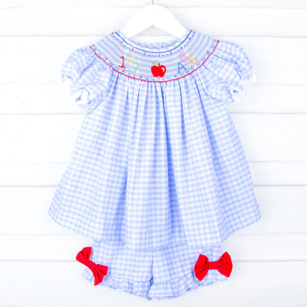 ABC 123 And Apple Smocked Light Blue Gingham Bishop Short Set | Classic Whimsy