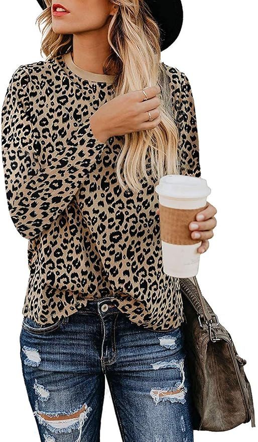 Adibosy Women Leopard Print Shirts Basic Tunics Round Neck Comfy Tops Long Sleeve Fashion Blouse | Amazon (US)