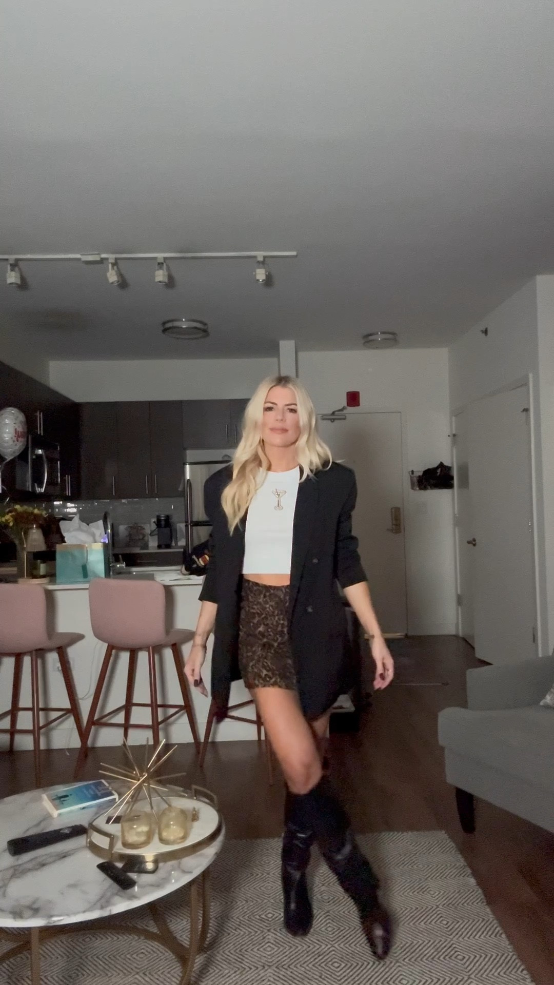 Saturday night out. Leopard mini skirt and a blazer 