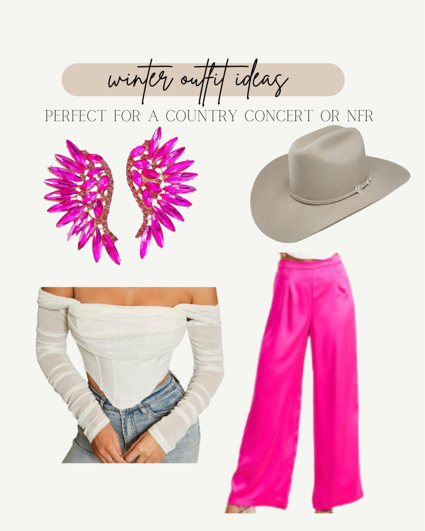 Winter outfit ideas for a country concert, NFR or western style fashion! Pink pants, a white off the shoulder top, cowboy hat and statement earrings would be a fabulous going out outfit. Shop this fashion look! #westernoutfit #datenightlook #winterfashion

#LTKstyletip #LTKSeasonal #LTKHoliday
