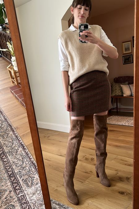 Head to toe #sezane fall outfit. Wool mini skirt, over the knee boots, sweater vest and white shirt 

#LTKshoecrush