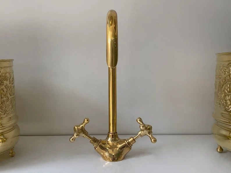 Bathroom Faucet, Brass Kitchen Faucet, Gooseneck Bathroom Vanity Solid Brass Faucet, Unlacquered ... | Etsy (US)