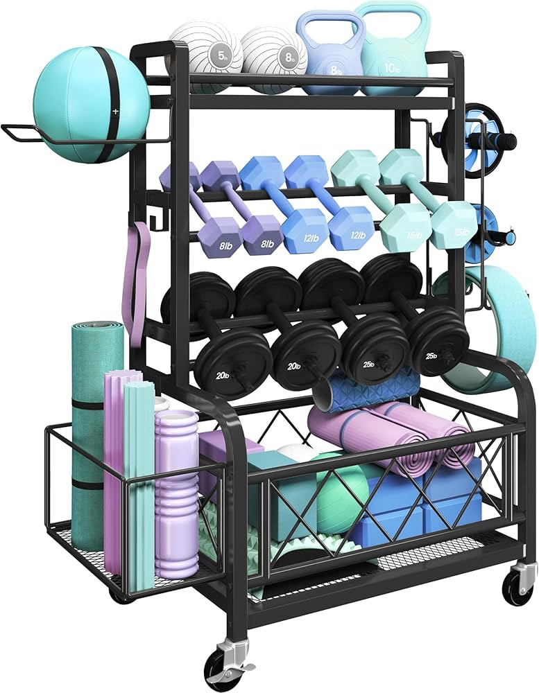 Yaheetech Dumbbell Rack Yoga Mat Storage Rack Home Gym Workout Equipment Rack Stand w/Hooks & Whe... | Amazon (US)