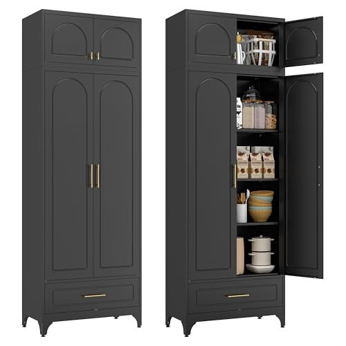 Polup Kitchen Pantry Cabinet, 90" Tall Metal Pantry Cabinet, Food Cupboards with One Drawer, Freestanding Storage Cabinets for Dining, Living Room, Black,16" D x 32" W x 90" H, Assembly Required | Amazon (US)
