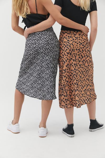 UO Rowan Leopard Print Satin Midi Skirt - Animal XS at Urban Outfitters | Urban Outfitters (US and RoW)