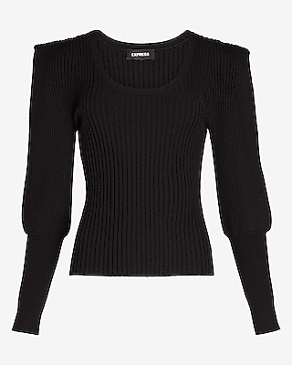 Ribbed Sharp Shoulder Blouson Sleeve Sweater | Express