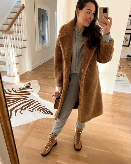 Kat Jamieson of With Love From Kat wears a winter outfit. Gerard Darel coat is sold out, similar linked below! Cashmere hoodie and joggers, jogger set, teddy coat, Lily & Bean bag, brown suede booties, casual style, classic style. 

#LTKSeasonal #LTKstyletip #LTKitbag