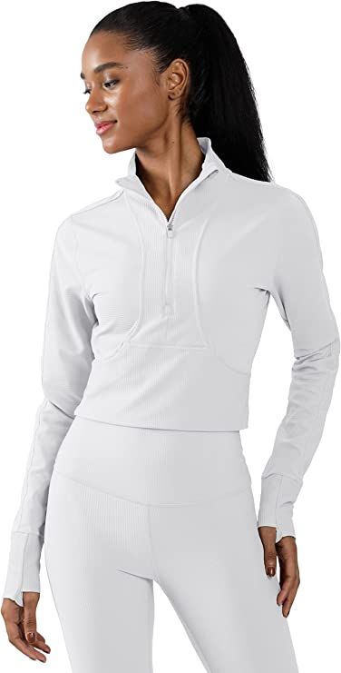 90 Degree By Reflex Womens Interlink Ribbed Half Zip Long Sleeve Crop Top Jacket | Amazon (US)