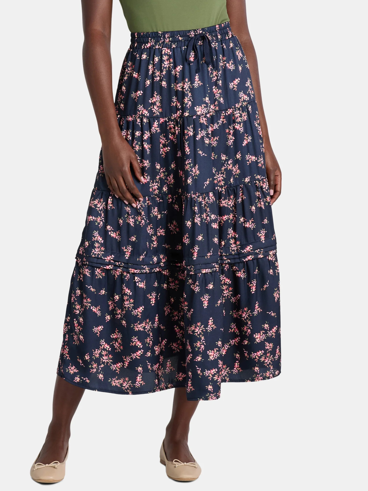 Time and Tru Women's Printed Tiered Midi Skirt, Sizes XS-XXXL | Walmart (US)