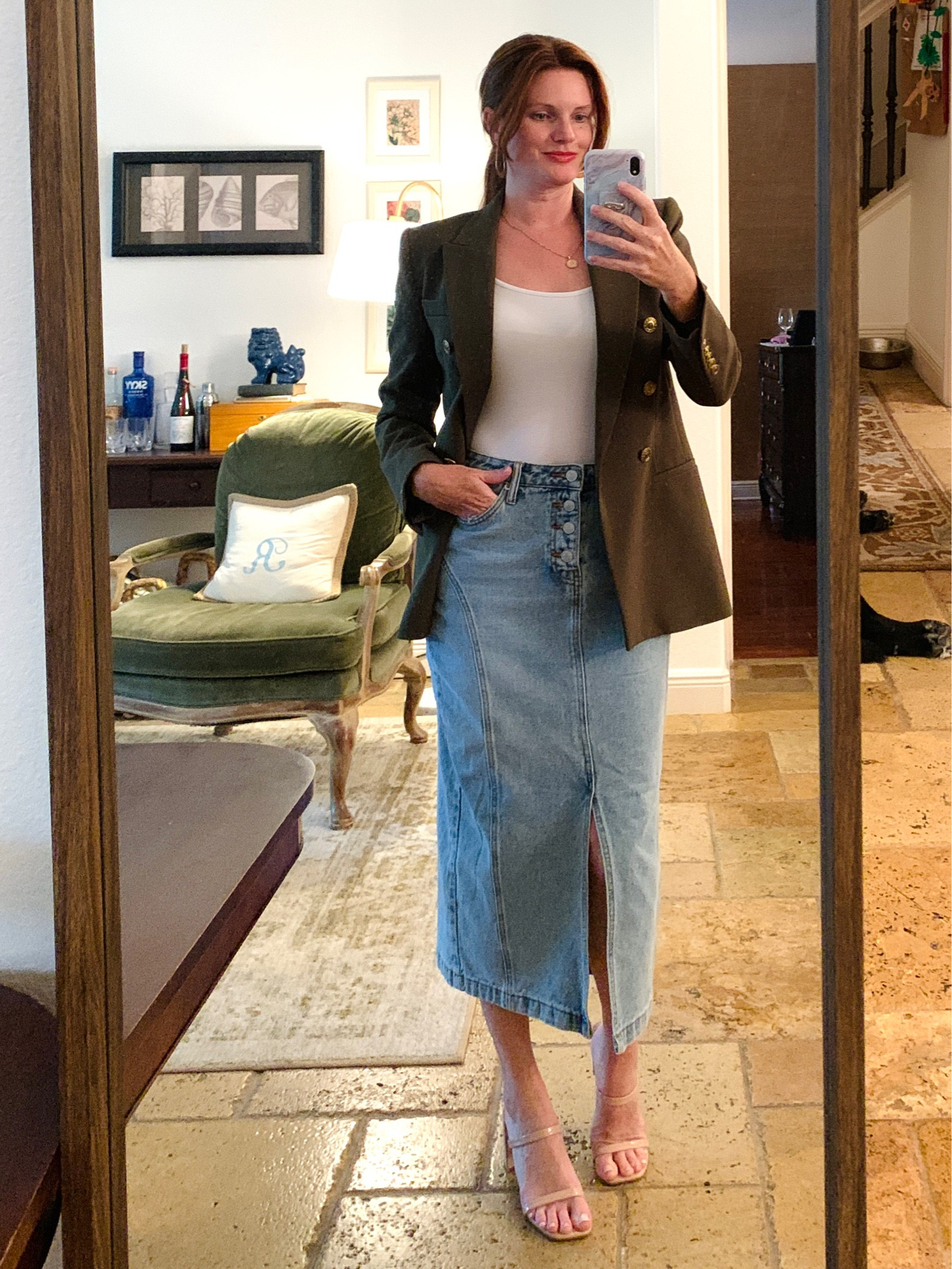 Second look for the denim midi skirt! I kept the same white bodysuit and switched out the jacket for a olive green captain’s blazer. For shoes I went with a nude block heel sandal. There are so many chic outfit combinations with this skirt! Perfect teacher outfit! 

Denim midi skirt, denim maxi skirt, captain’s blazer, block heel sandals 

#LTKBacktoSchool #LTKstyletip #LTKover40