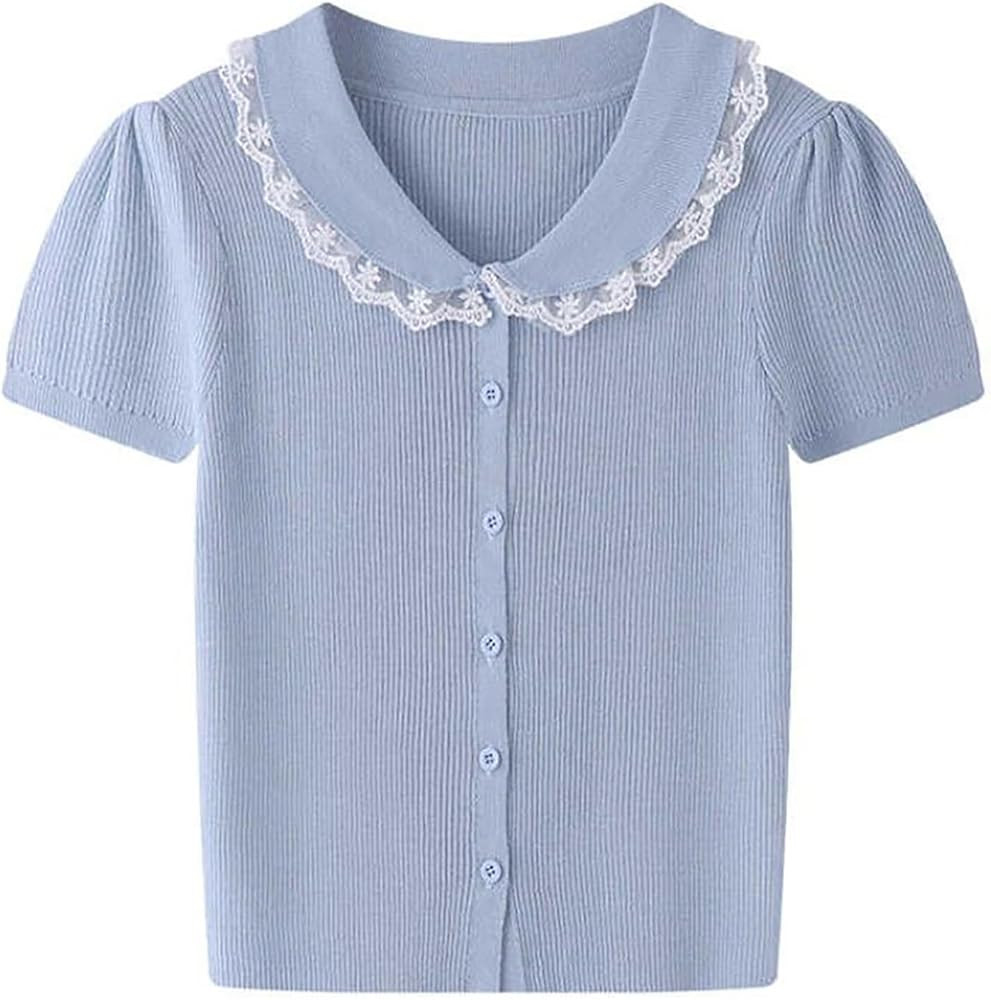 ASHER FASHION Knit Peter Pan Collar Shirt Women Sweater Tops with Lace Slim Fit Button Short Slee... | Amazon (US)