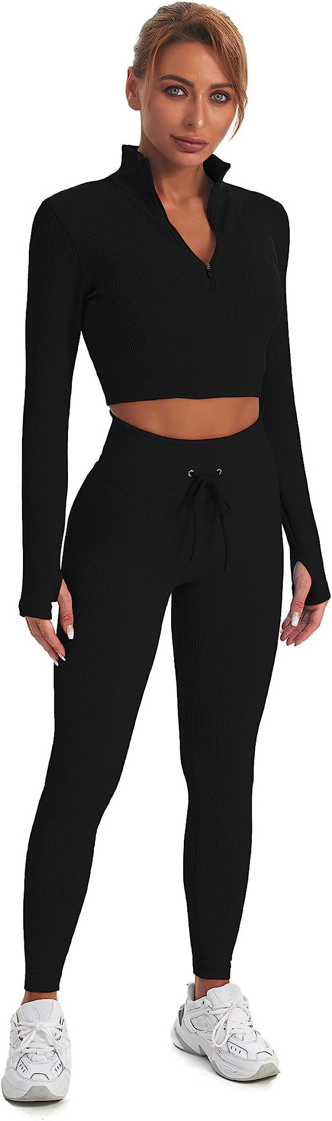 CHICLOUD Workout Sets for Women 2 Piece Ribbed Long Sleeve Crop Tops Seamless High Waist Leggings | Amazon (US)