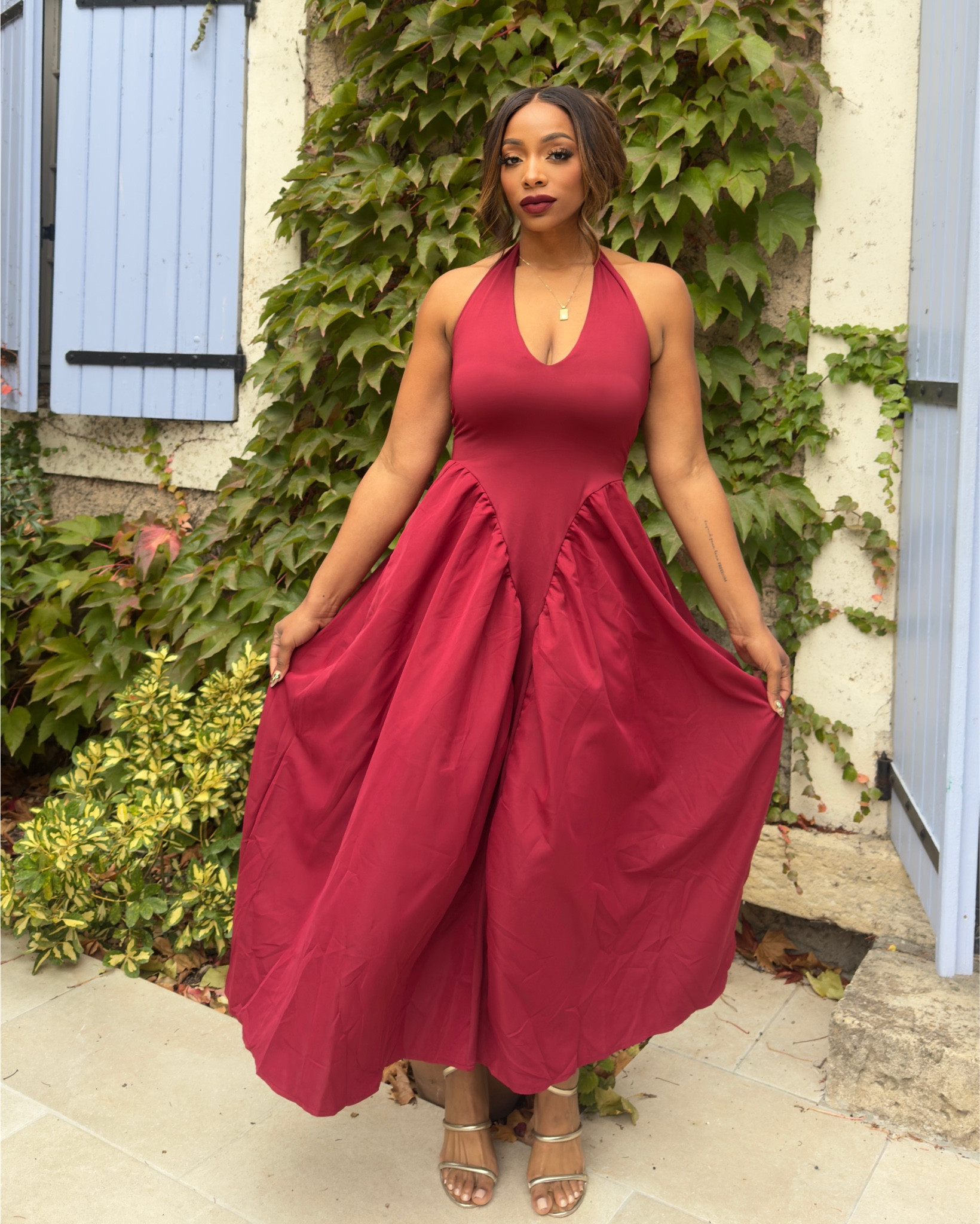 I fell in love with this wine halter dress and green hunter dress that I wore in France for wedding rehearsal dinner and wedding! Perfect for any occasion! I’m also wearing the FENTY The MVP ICON VELVET LIQUID LIPSTICK! 