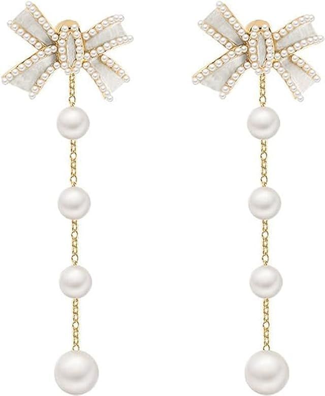 Long Bow Pearl Drop Earrings for Women, Gold Plated Pearl Dangle Earrings, Hypoallergenic Elegant... | Amazon (US)