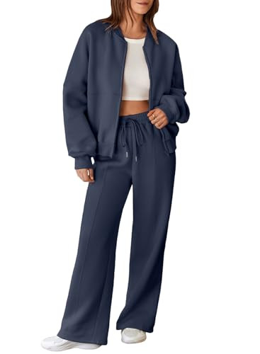 Aleumdr Women's 2 Piece Outfits Oversized Fleece Sweatsuit Zip Up Long Sleeve Sweatshirt with Wide Leg Sweatpants Navy Blue Medium | Amazon (US)
