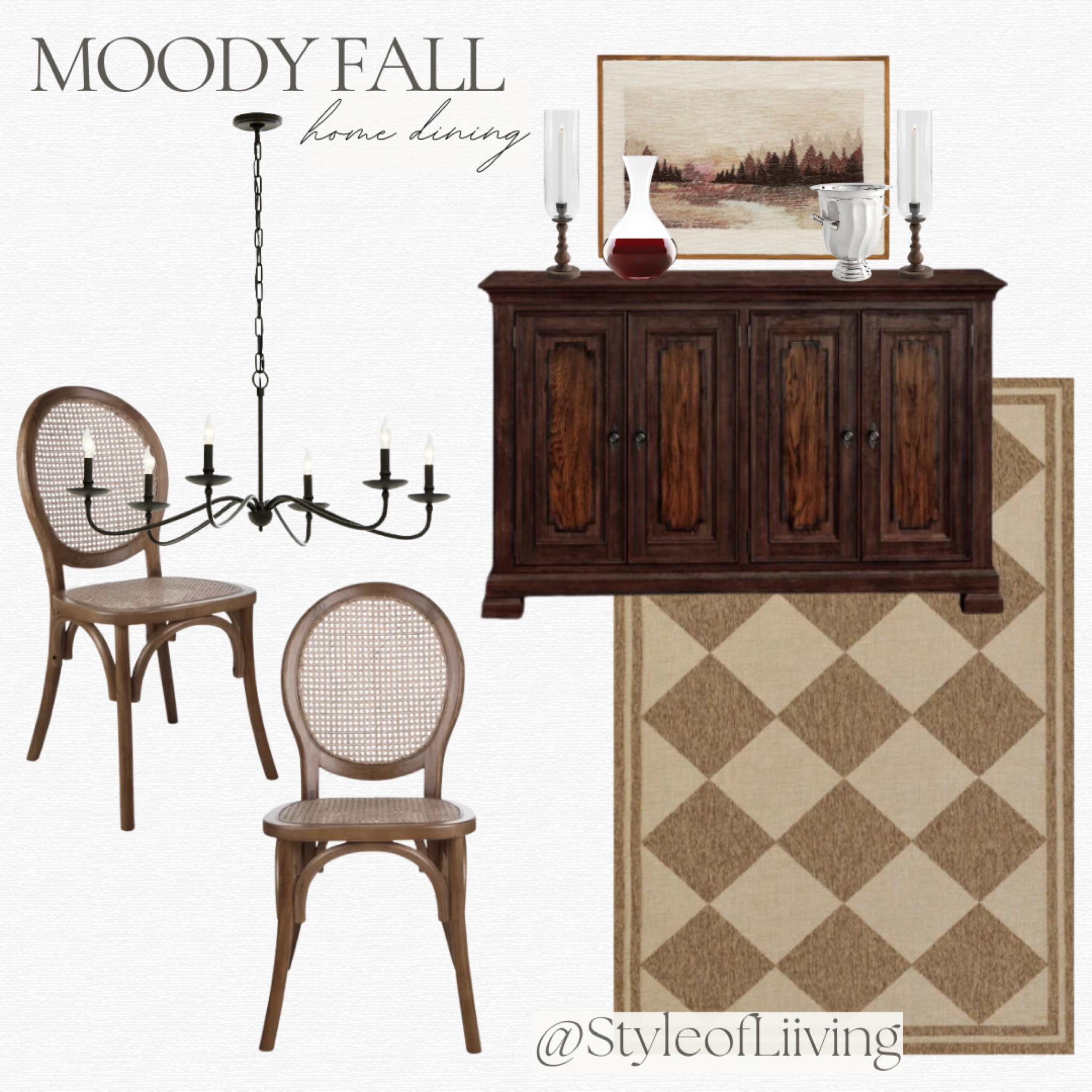 Moody fall home dining room style. Dining chairs, dark wooden sideboard buffet, framed wall art, candle hurricane, bronze chandelier, area rug, wine carafe, silver ice bucket. #homedecor #furniture #diningroom 

#LTKHome #LTKSeasonal #LTKStyleTip