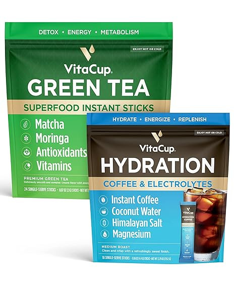 VitaCup Hydration Instant Coffee Sticks w/Electrolytes, Coconut Water, Medium Roast 18ct & Green ... | Amazon (US)