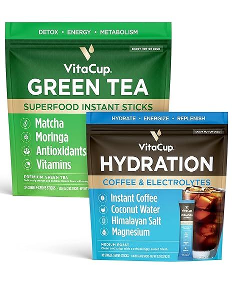 VitaCup Hydration Instant Coffee Sticks w/Electrolytes, Coconut Water, Medium Roast 18ct & Green ... | Amazon (US)
