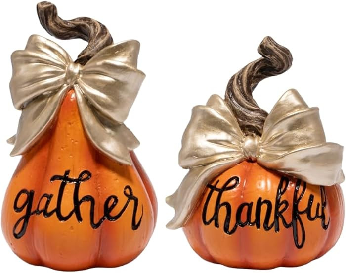 Hodao Thanksgiving Orange Pumpkin Decorations – Hand-Painted Resin Figurine Set with Gold Bow, ... | Amazon (US)