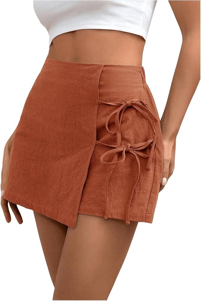 Floerns Women's Solid Wrap Front Skirt Shorts Drawstring Knot Side Skort Shorts | Amazon (US)