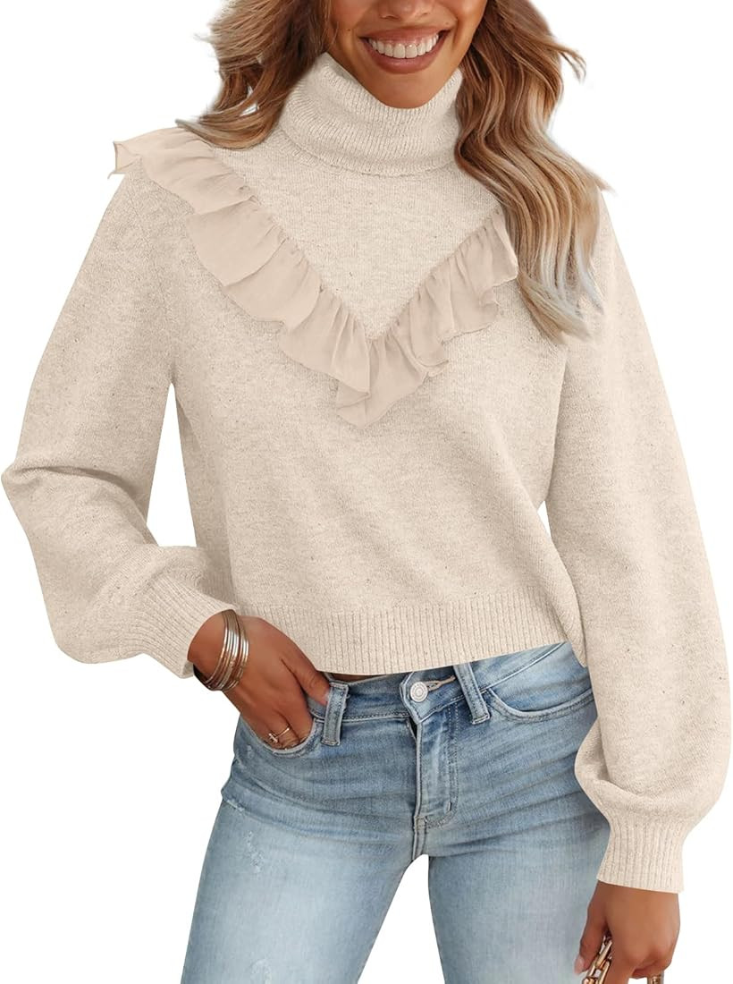 Miladusa Women's 2023 Fall Turtleneck Long Sleeve Ruffle Sweaters Casual Slim Fit Pullover Tops | Amazon (US)
