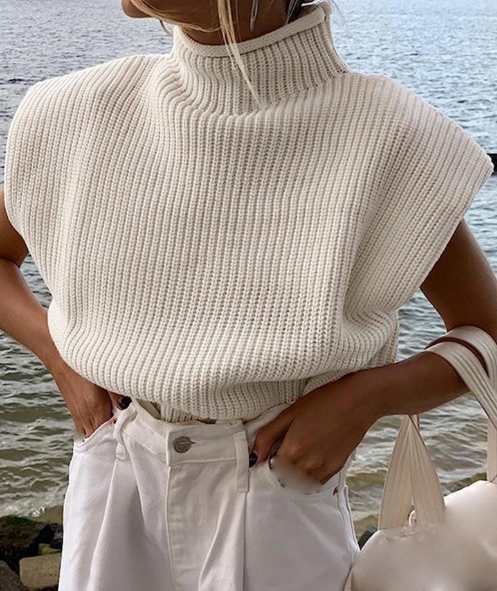 Women Sleeveless Turtleneck Sweater Vest Shoulder Pad Sweater Top Casual Solid Knitted Tank Pullover | Amazon (US)