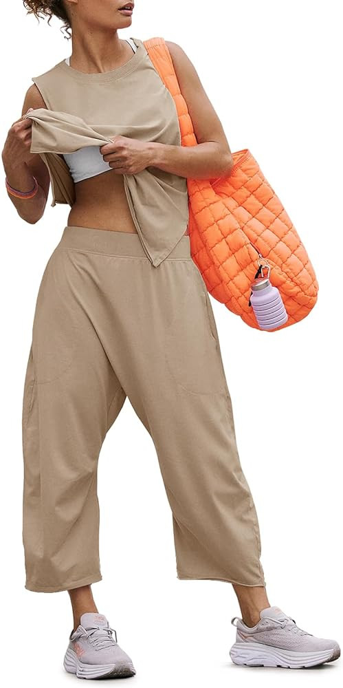 Fisoew Women's Summer 2 Piece Outfits Sleeveless Tank Tops Wide Leg Pocketed Pants Workout Sweat ... | Amazon (US)