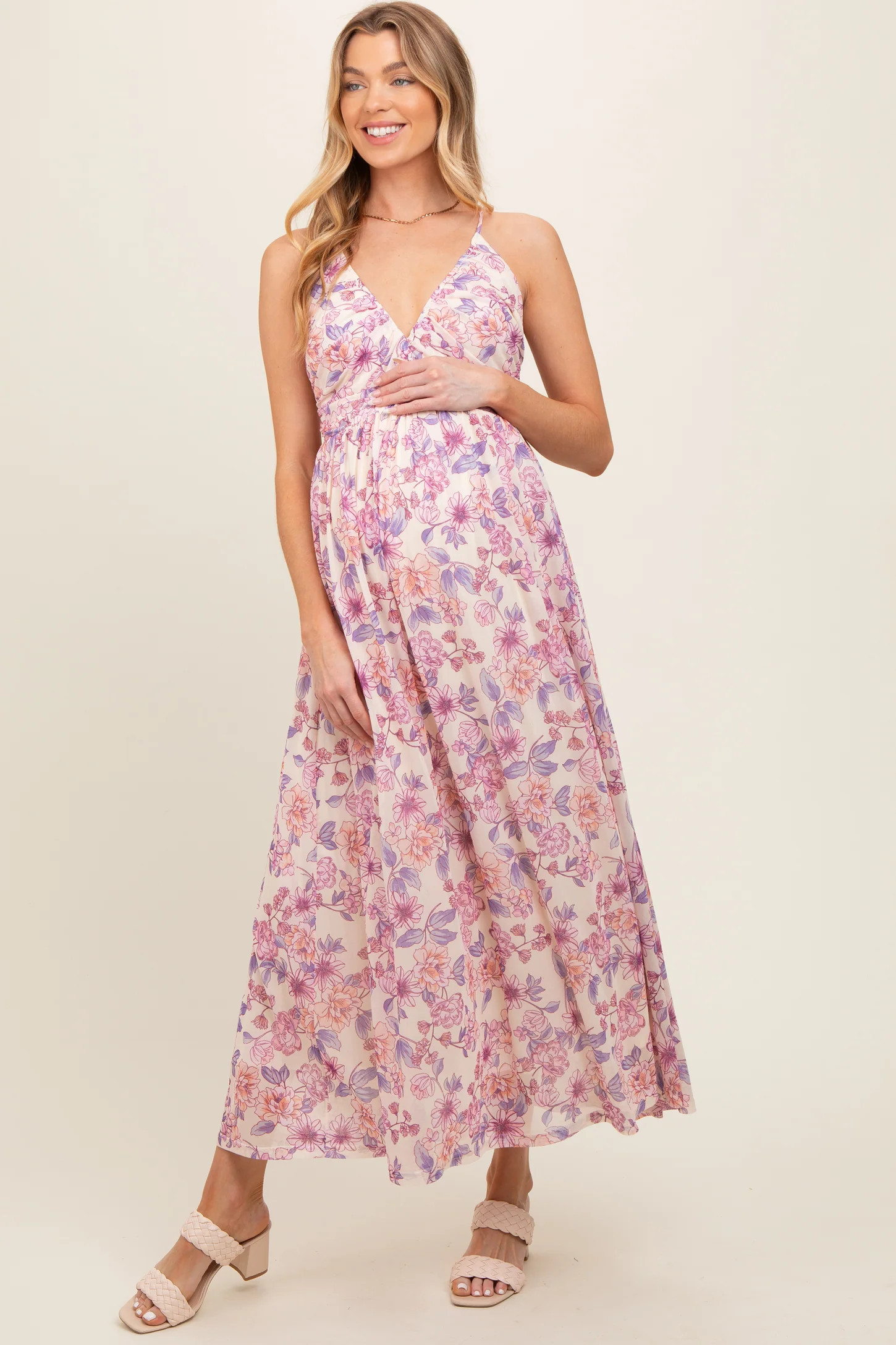 Pink Floral Mesh Sleeveless Maternity Maxi Dress | PinkBlush Maternity