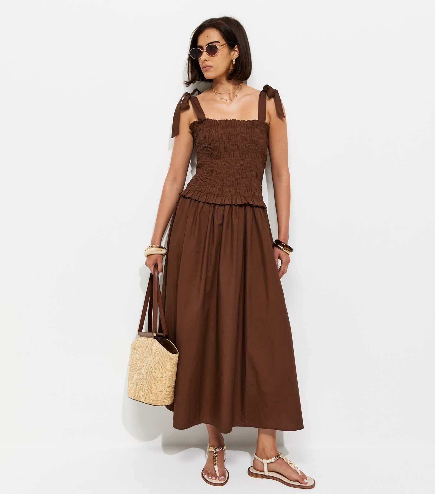 Dark Brown Cotton Shirred Tie Strap Midi Dress | New Look | New Look (UK)