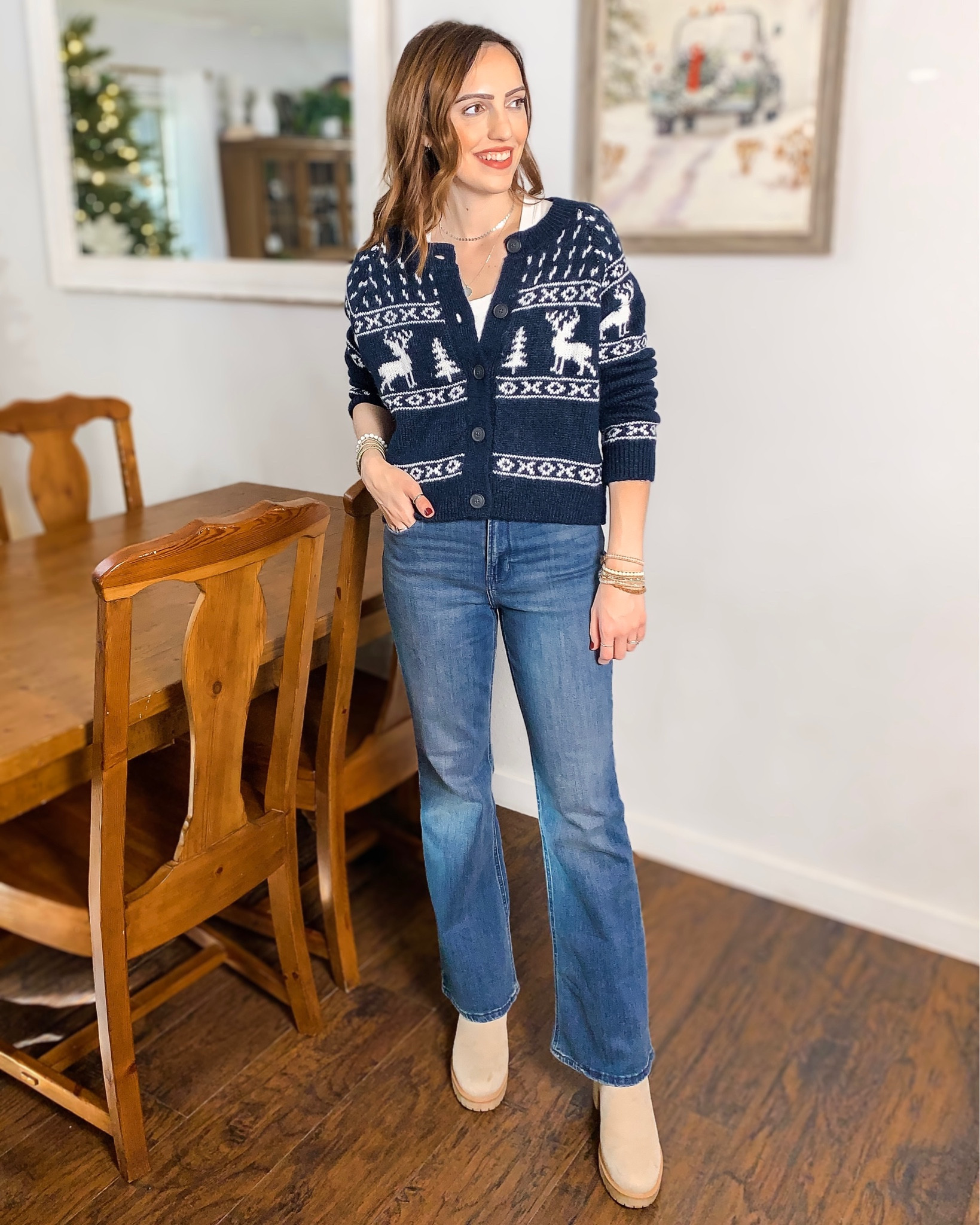 Old Navy • navy fair isle sweater • winter fashion • flare jeans • neutral boots • white tank top • modest fashion • Christian fashion blogger

#LTKSeasonal #LTKHoliday #LTKsalealert